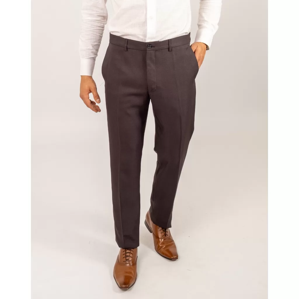Calça Social Masculina Slim Chumbo Escuro, Tecido Microfibra Liso, Bolsos, Cós Simples, Sem Barra