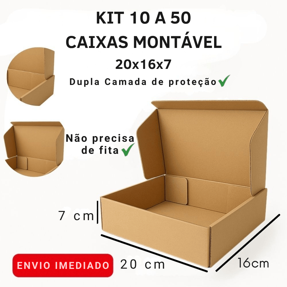 Kit 50, 20 ou 10 Caixas de Papelão Kraft Para Envios E-Commerce 20x16x7cm