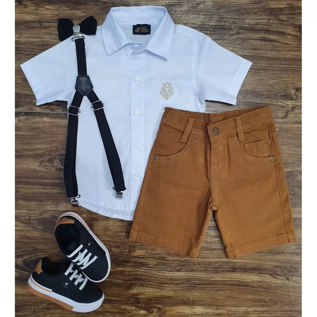 Conjunto Roupa Social Bermuda Camisa Suspensório Gravata Festa Casamento Pajem Formatura Batizado In