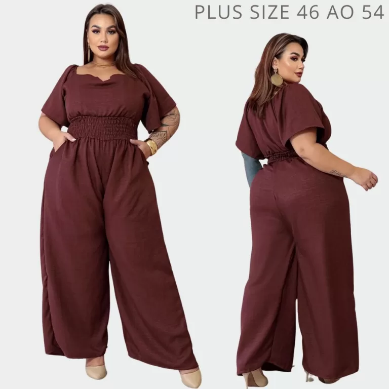 Macacão Plus Size Decote V Marrom Pantalona Ombro