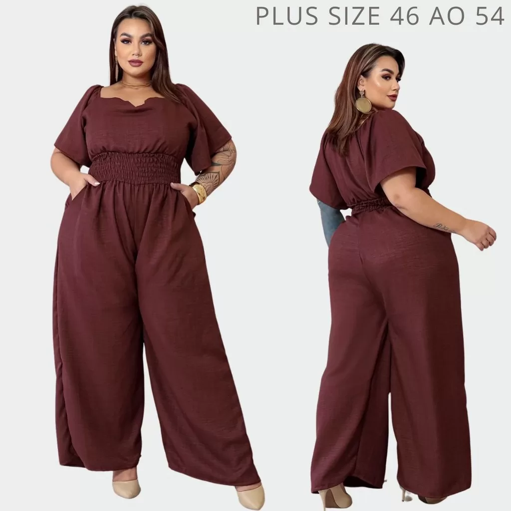 Macacão Plus Size Decote V Marrom Pantalona Ombro a Ombro Crepe Duna Elastex na Cintura – 46 ao 50