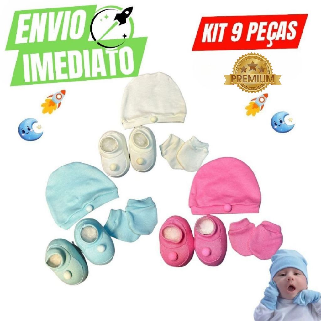 Kit 9 Peças Touca Luva e Sapatinho De Bebê 0 À 3 Meses Kit Luxo Premium Qualidade