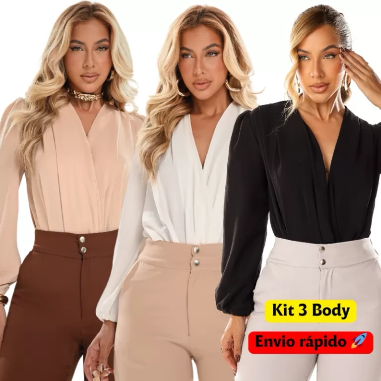 Kit 3 Body transpassado manga longa trabalho casua