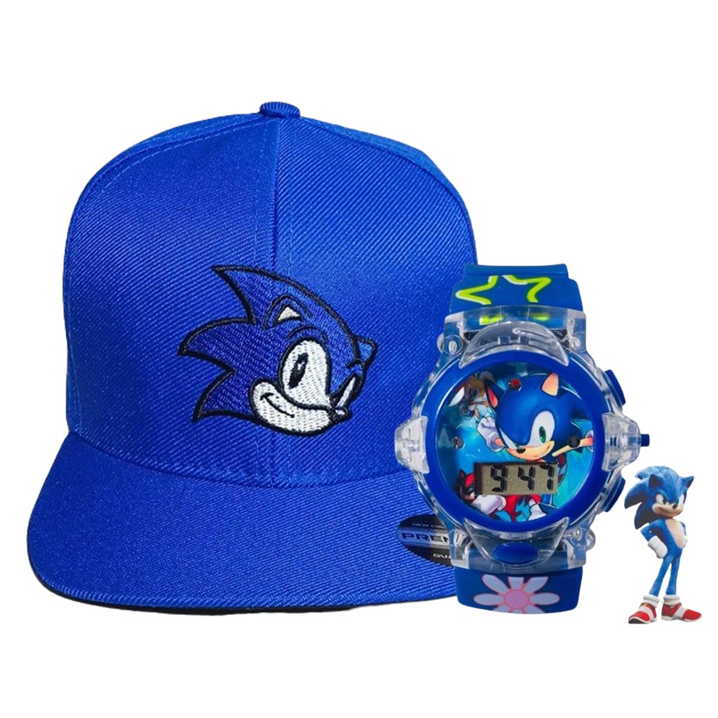 Boné e Relógio Digital Infantil Chapéu Sonic Luz Criança Menino Menina Esportivo LED