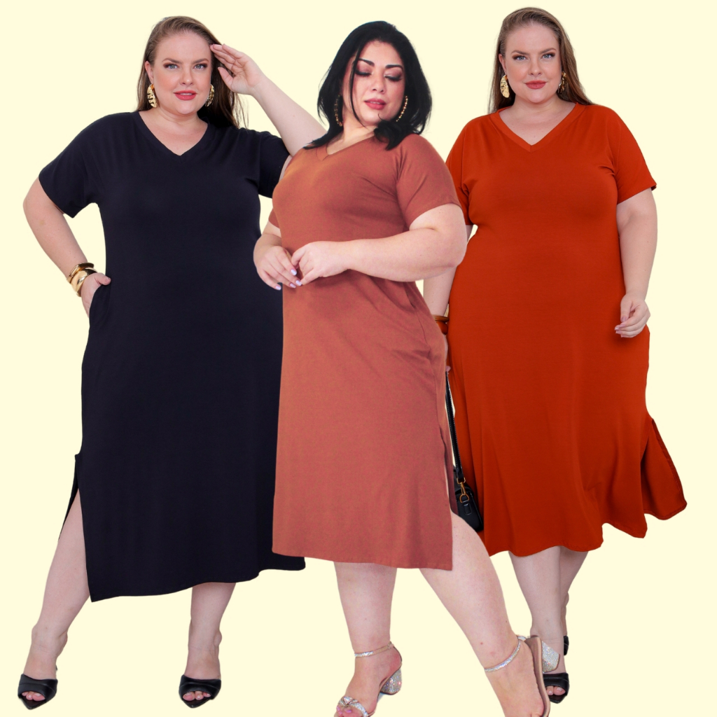 Vestido Plus Size Midi Longo Liso Viscolycra Gola V Bolsos Fendas Laterais Moda Evangélica (42ao58)