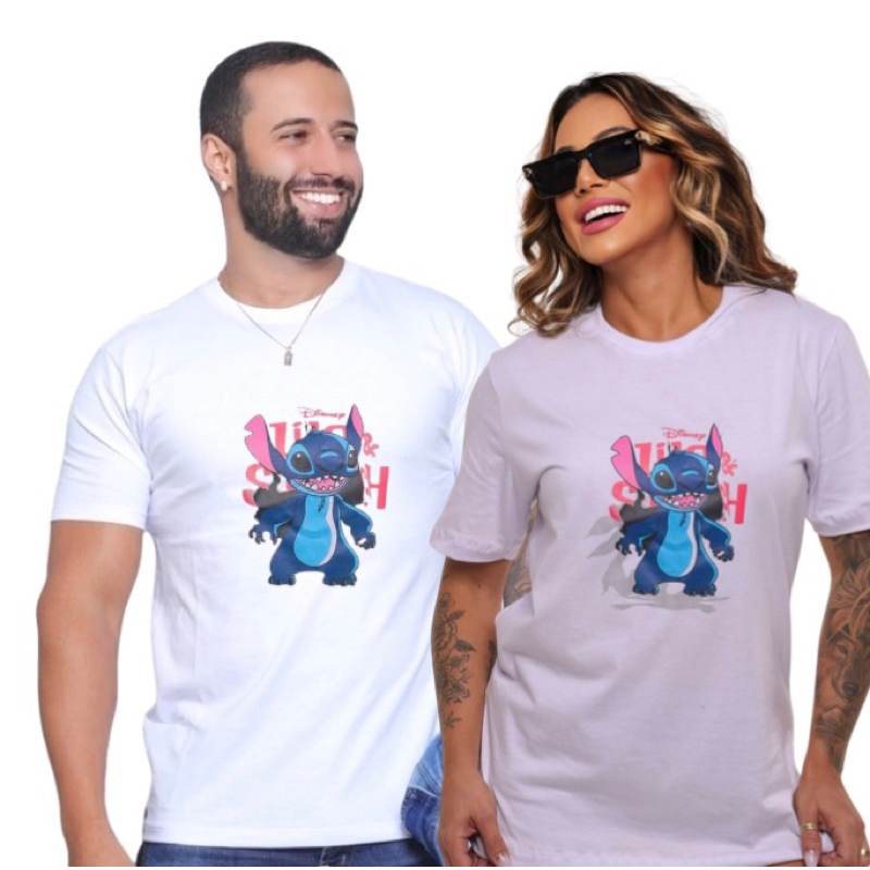 Kit Casal Stitch e Lilo Filme Camisetas de Algodão Estilo Streetwear Namorados