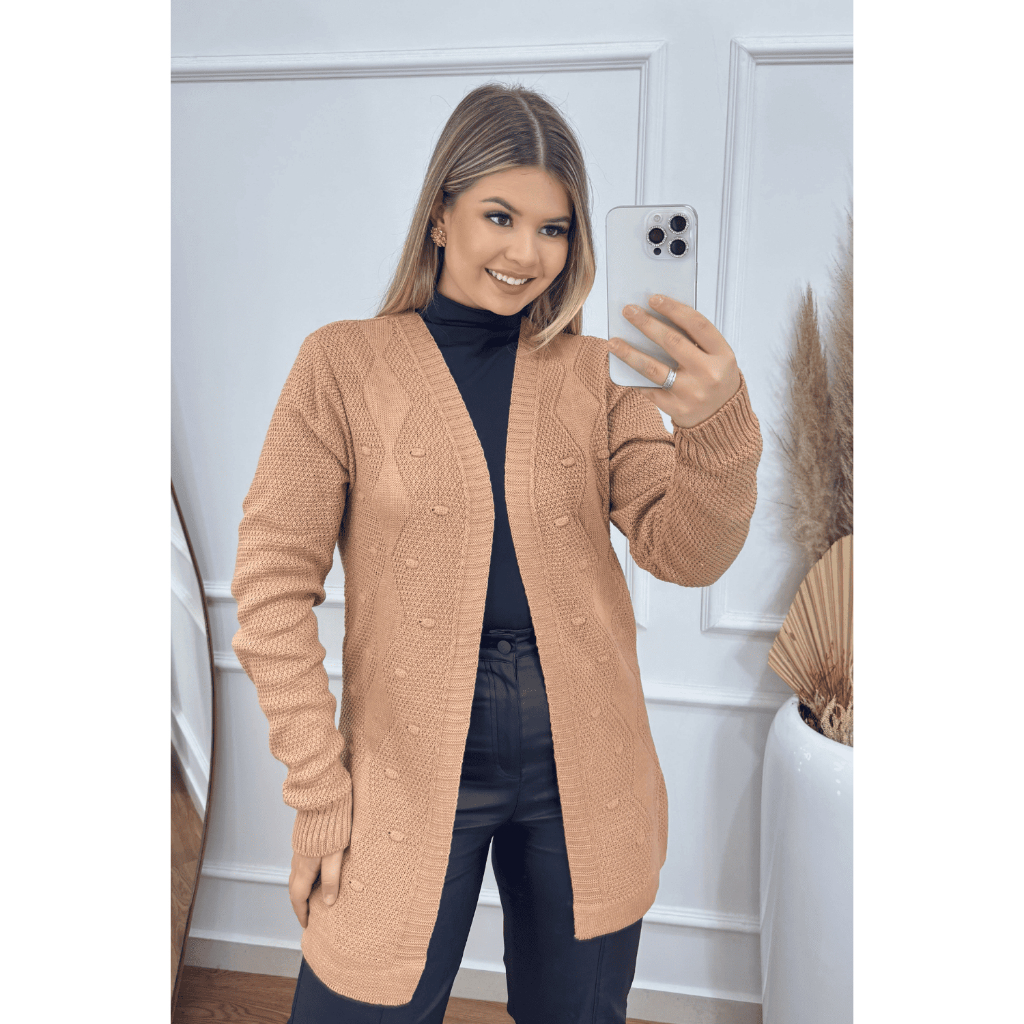 Casaco Feminino de Frio Tricot Cardigan Bolinhas Inverno Casaquinho Ponto Arroz Kimono Capa