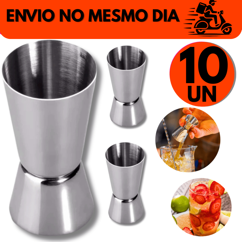 Kit 10 Dosadores Medidor de Bebidas Duplo Barmen Inox, Tamanho 8,5 CM e Medidas 50/25ML
