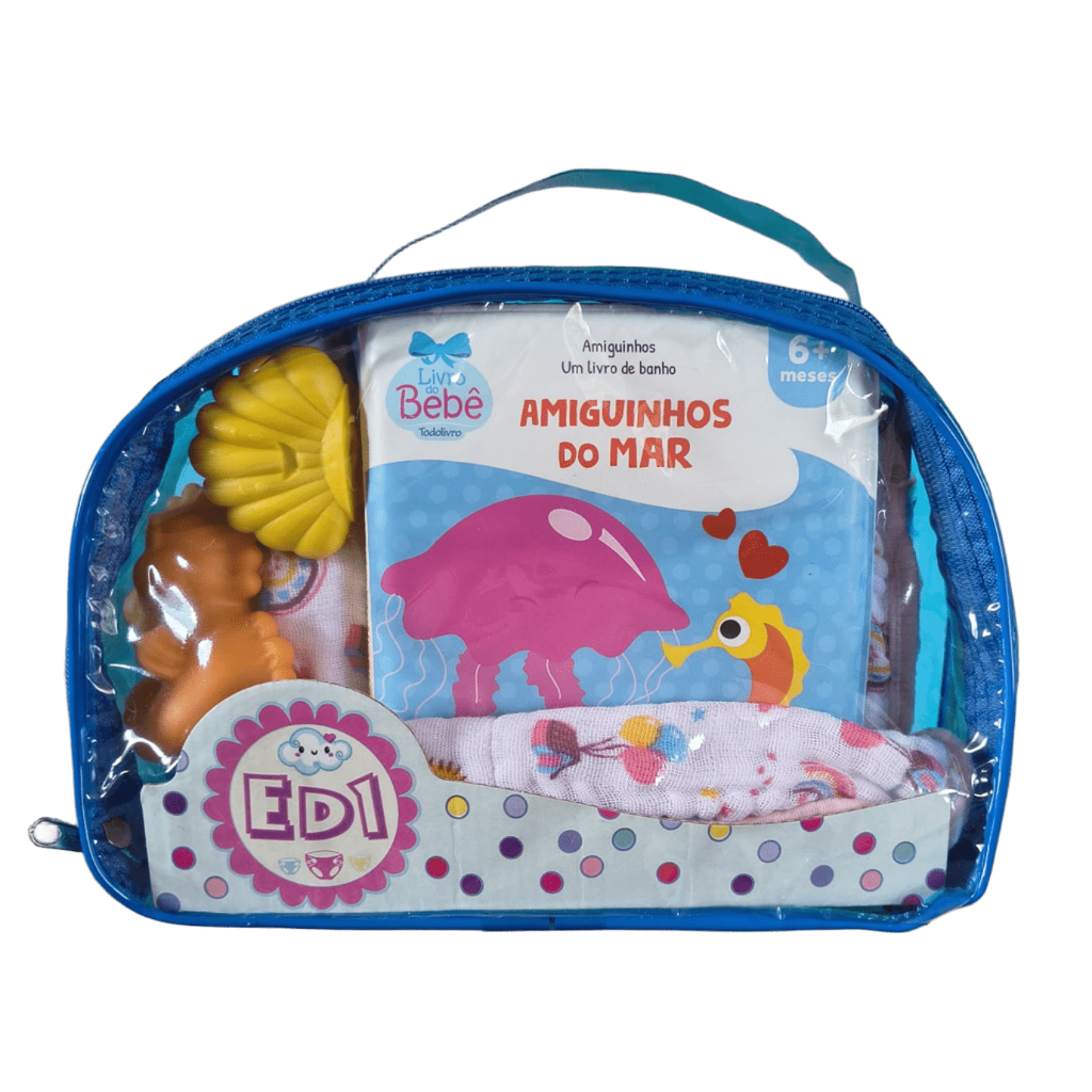 Kit Banho Bebê Bolsa Infantil Toalha Banho Forrada Fralda Capuz Livro Bichinho Vinil Brinquedo