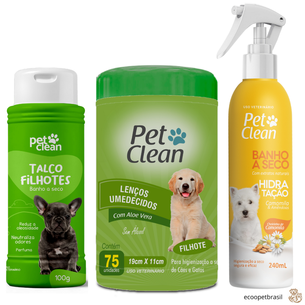 KIT Banho a Seco Cheiroso, Talco Filhotes, Lenços Umedecidos Filhotes Pet Clean para Cachorro e Gato