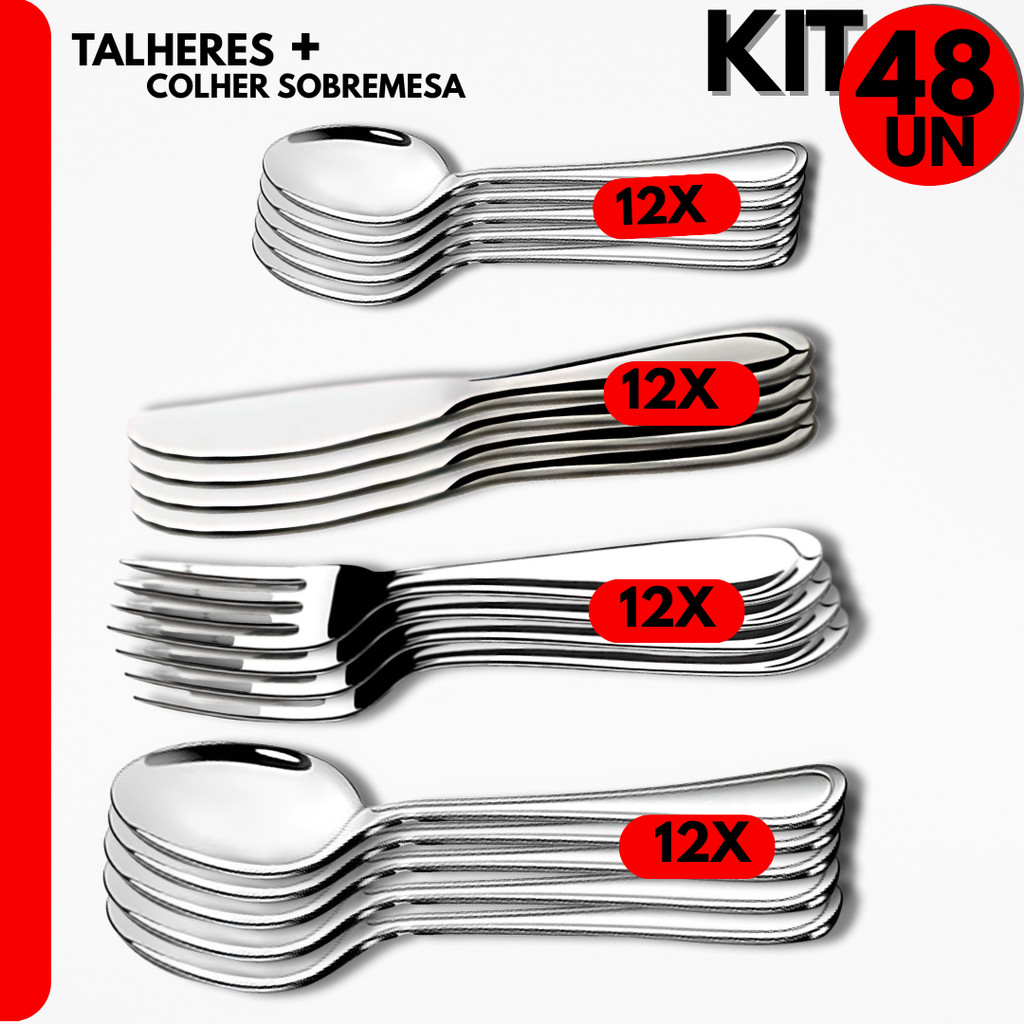 Talheres Inox- 48 pçs de Colheres, Garfos, Facas e Colheres de Sobremesa para Jantar, Bares, Restaur
