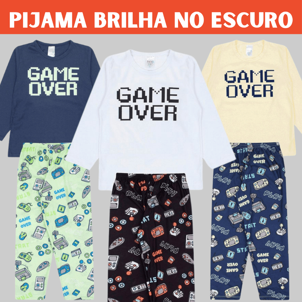 Pijama Infantil Masculino Inverno Game Over BRILHA NO ESCURO