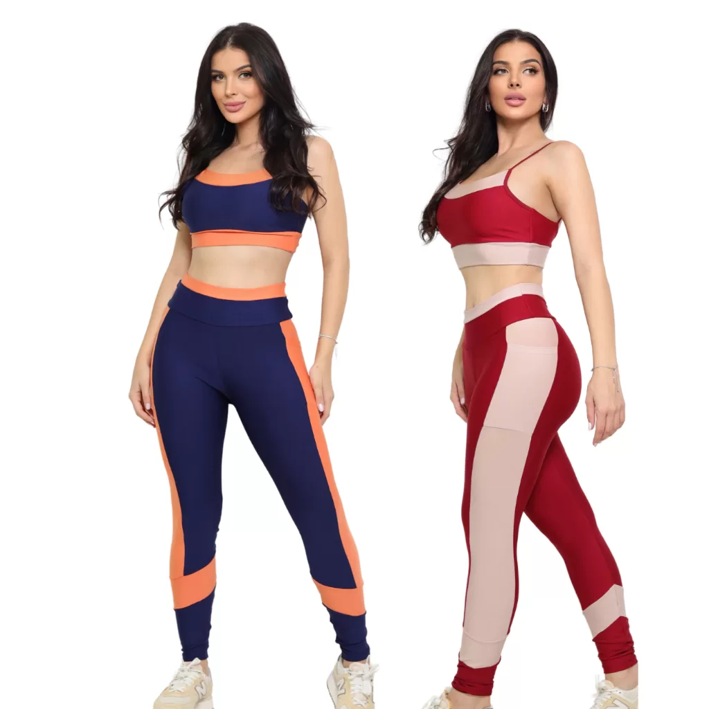 Kit  Com 2 Conjuntos Para Academia Moda Fitness Confortavel Calça Legging Com Bolso E Top Cropped Co