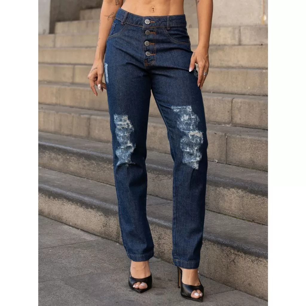 Calça Mom Jeans Feminina Cintura Alta Algodão BoyFriend