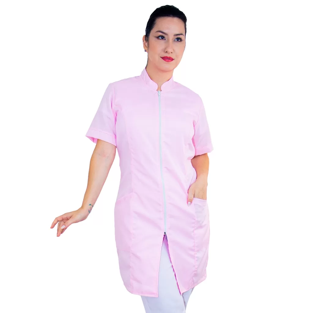 Jaleco Feminino Acinturado Manga Curta Com Zíper Oxford Rosa Bebê Nail Designer Salão de Beleza