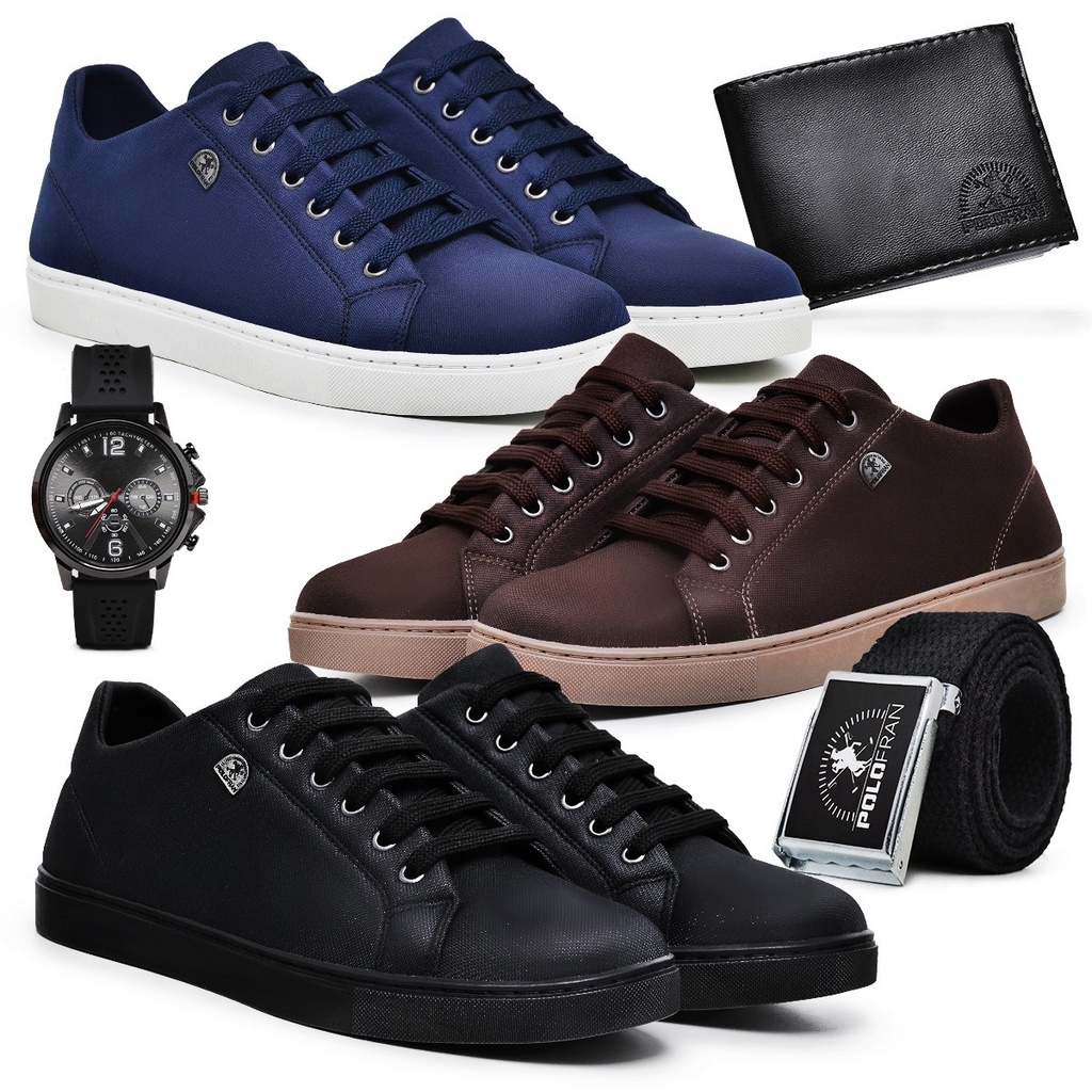 Kit 3 Sapatênis Masculino Casual Tênis Polo Fran + Relógio Carteira Cinto- London
