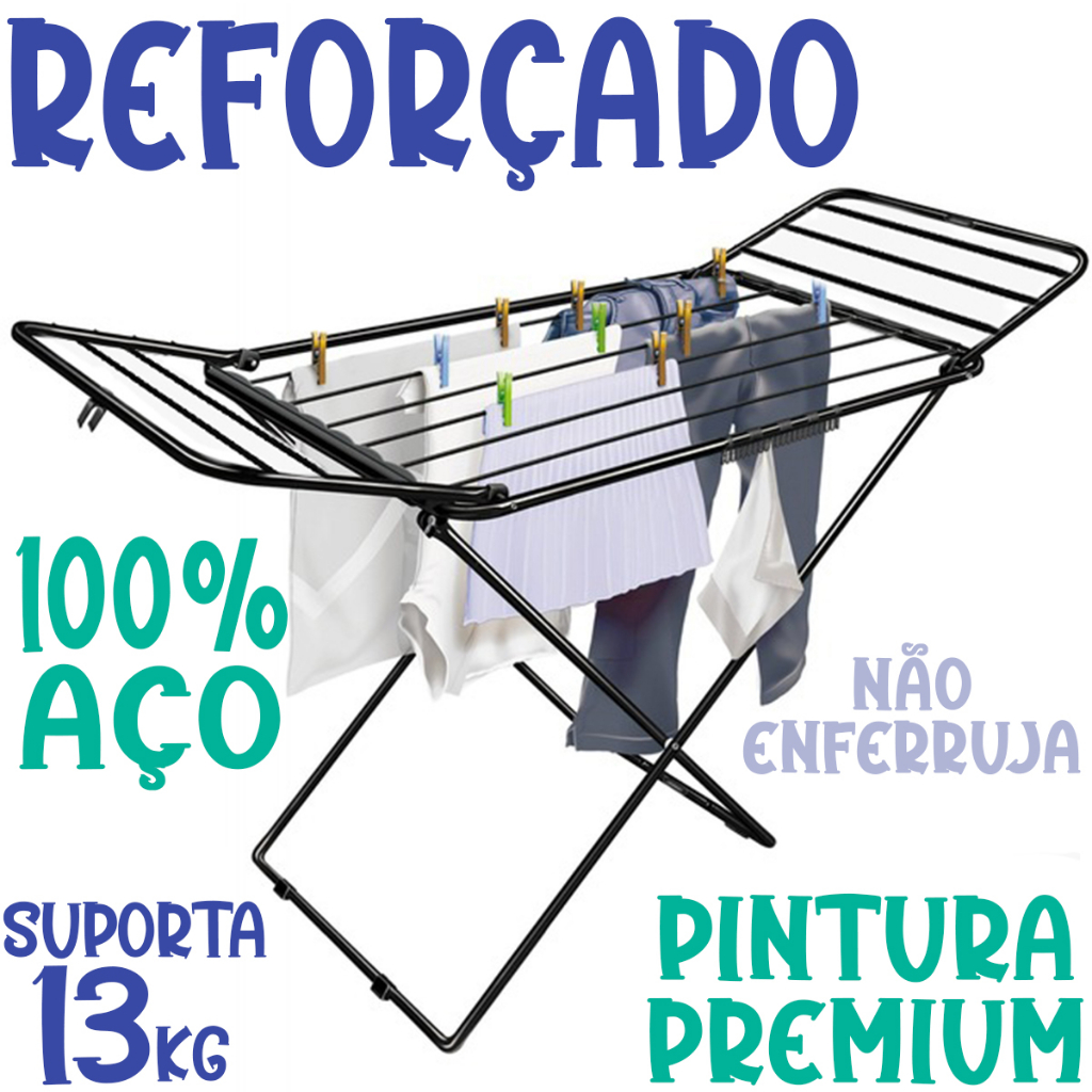 Varal de Chão com Abas Miami Reforçado Aço Dobrável Preto Não Enferruja Cortelux