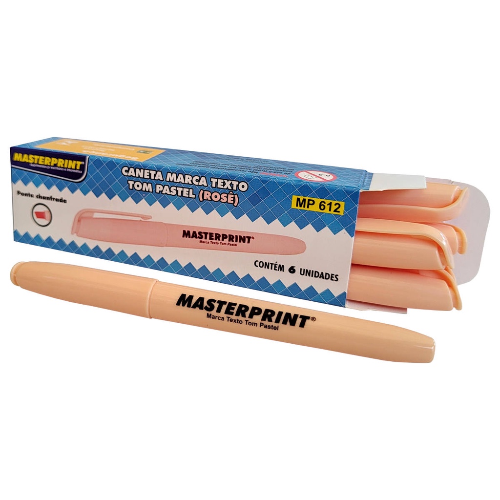Caixa com 6 Canetas Marca Texto Rosê Tom Pastel Ponta Chanfrada Masterprint MP 612