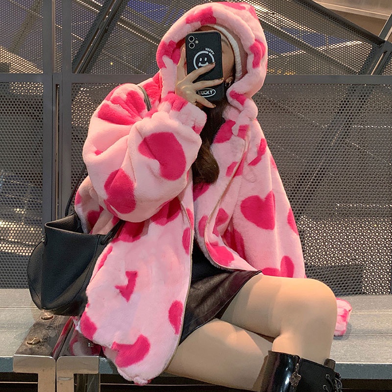 Casaco Feminino De Pelúcia De Coração De Inverno Harajuku Streetwear De Manga Comprida Com Capuz Que