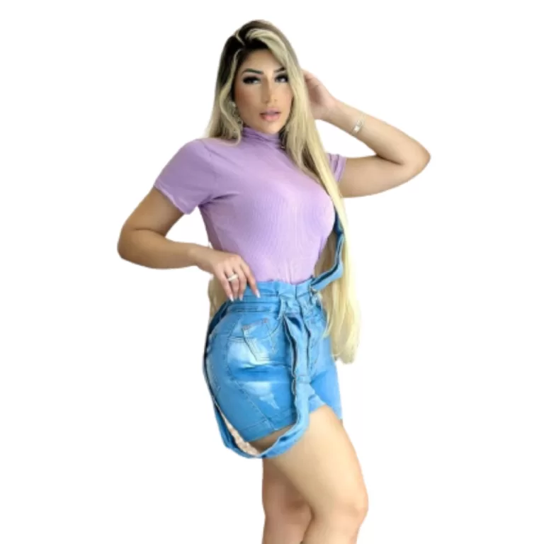 Short com Suspensório Jeans Feminina Estilo Macaq