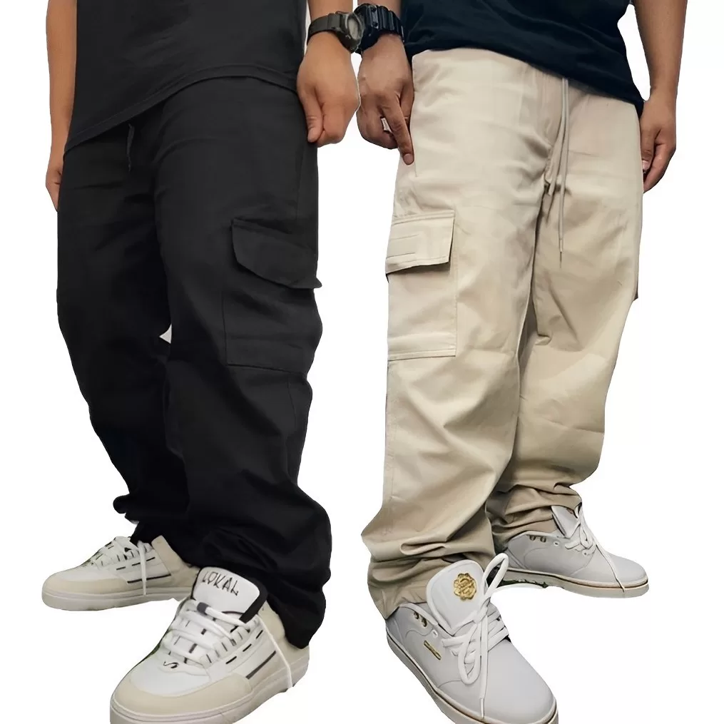 Calça Cargo Larga Skate Sarja  Bolsos e Cordão Retro Casual Unissex