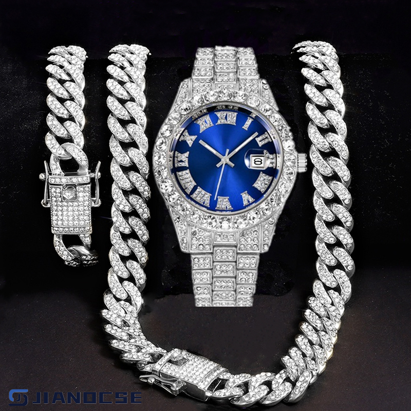 Novo Colar Cravejado Iced RelóGio Masculino Ice Colar Kit Hip Hop Prata Pulseira Cubano Corrente Mas