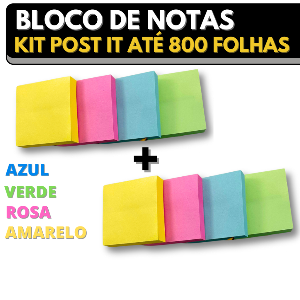 Kit Post it Até 800 Folhas Bloco de Notas Adesivo 50x50mm ou 76x76mm Colorido Pastel Neon Coração St