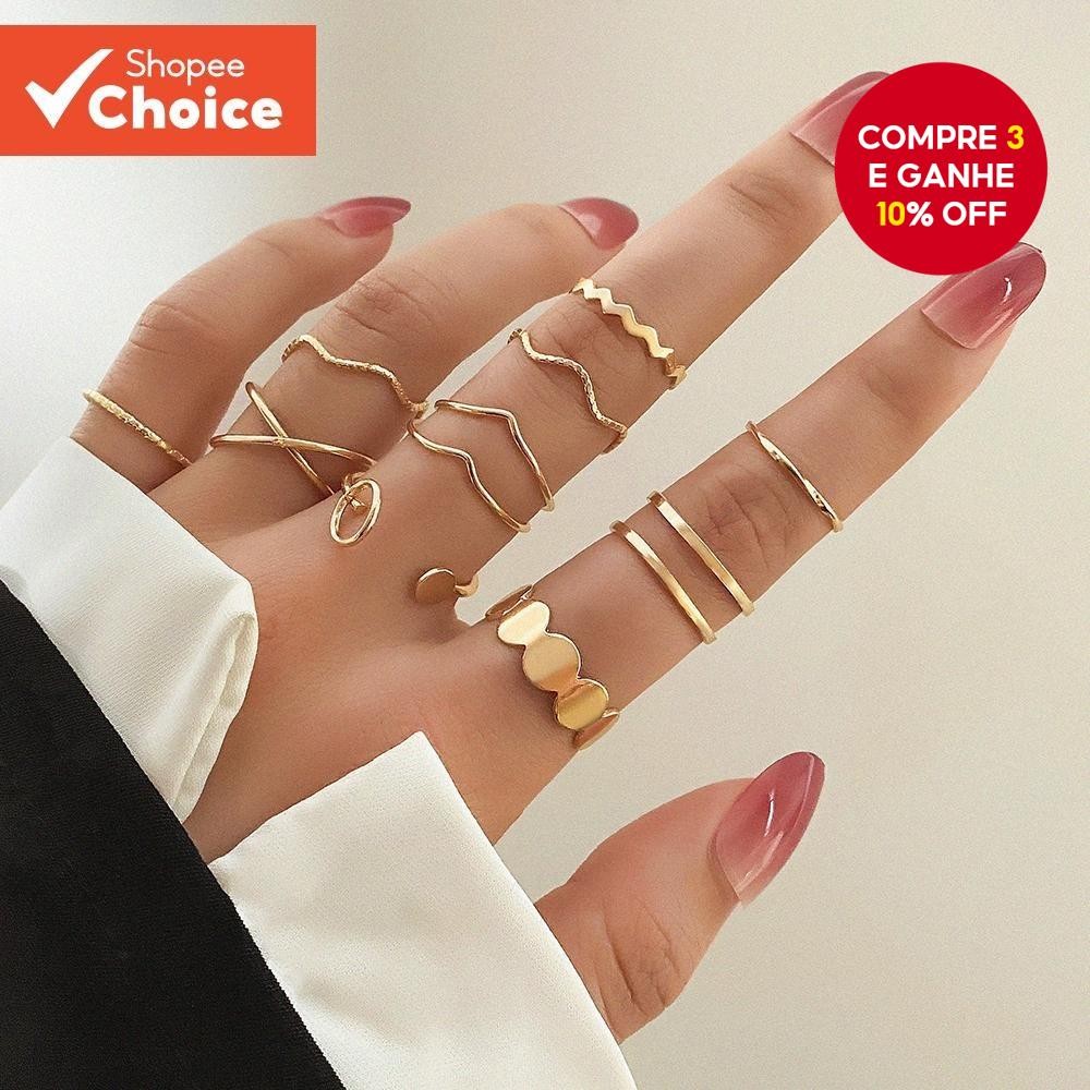 10 Peças Conjunto De Anel Cruzado De Onda De Água Minimalista Elegante Anéis Empilháveis Ajustáveis