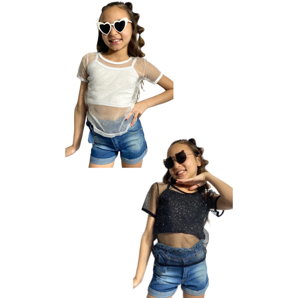 Kit 2 Top + Blusinha De Brilho Infantil Moda Menina Verão Presente Natal E Ano Novo