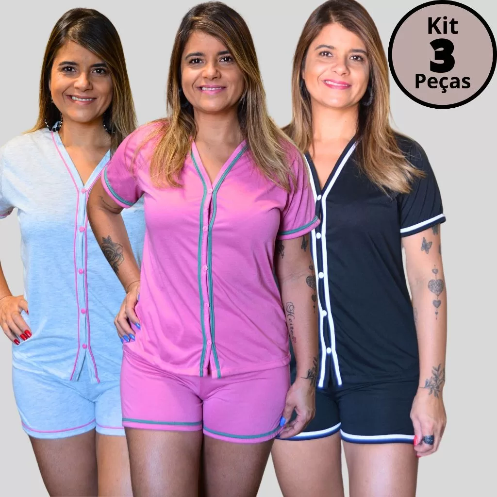 Kit 3 Pijamas Baby Doll Amamentação Americano Cirúrgico com botões em Malha