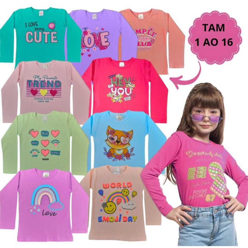 Kit 10 Blusa Manga Longa Menina Camiseta Meia Estação Infantil Feminina Camisa Criança Inverno 1 ao
