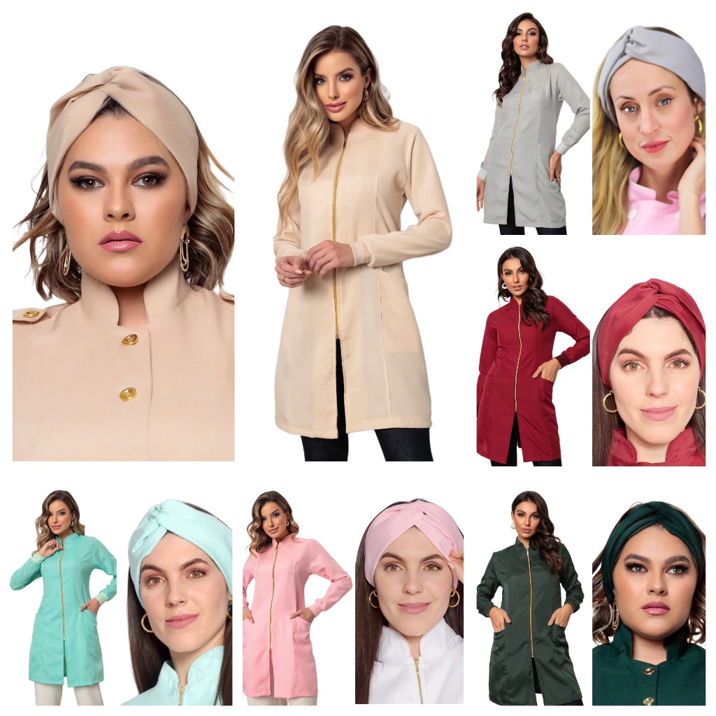 Jaleco Feminino Luxo Zíper Acinturado Gola Padre Nice+ Turbante Diversas Cores Gardenia Jalecos