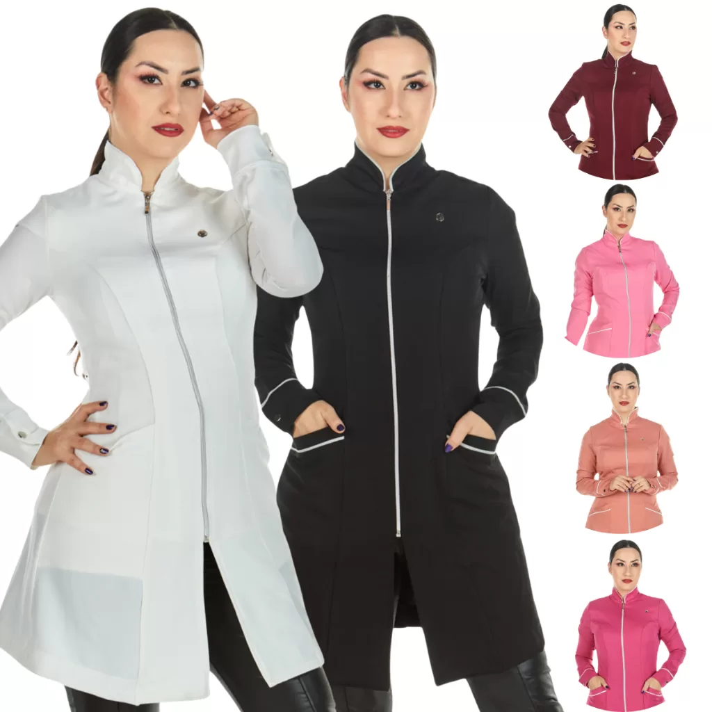 Jaleco Feminino Gola Padre Manga Longa Médica Nail Designer Profissional Salão Estudante Esteticista