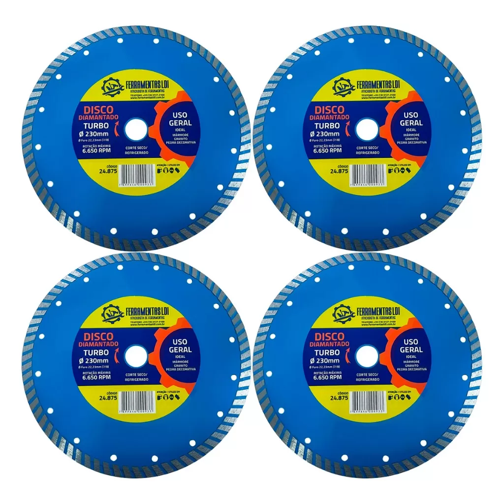 Kit 4 Discos De Corte Diamantado Turbo 230mm 9 Polegadas Industrial Ferramentas LDI