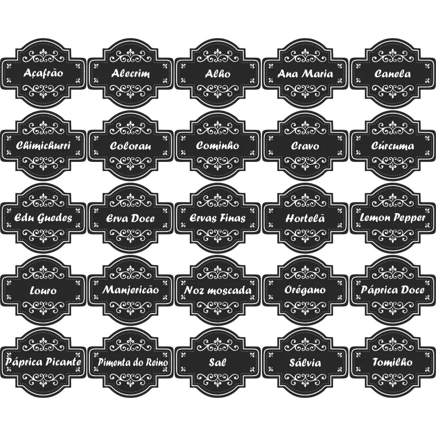 CARTELA TEMPERO 25 ETIQUETAS ADESIVO AUTO COLANTE ROTULO 5X4 CM A PROVA DE AGUA PARA POTES RECIPIENT