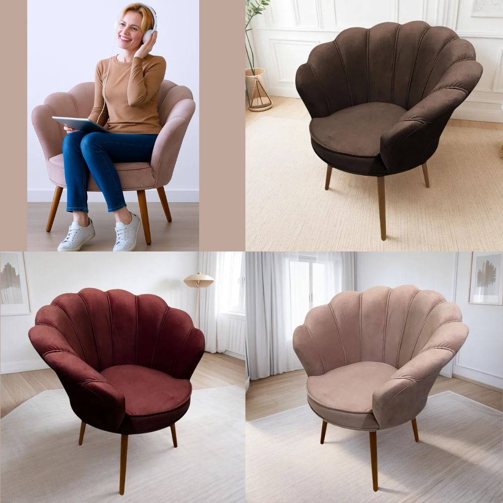 Poltrona Decorativa Pétala luxo Tecido Veludo Pés Palito Sala, quarto e recepção.