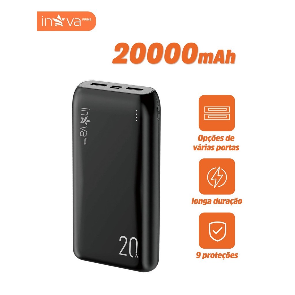 INOVA Power Bank 20000mAh Bateria Externa PD20W + QC3.0, 2 Saídas USB-C para iPhone, Samsung, Xiaomi