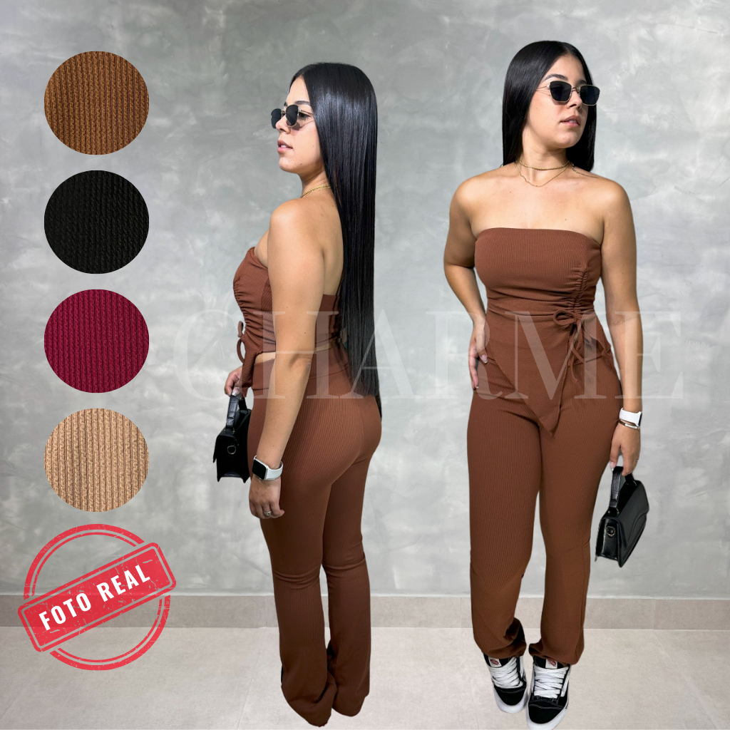 Conjunto Feminino Anarruga – Calça Flare + Tomara que Caia Cropped Blusinha Com Regulagem 36 ao 44 M