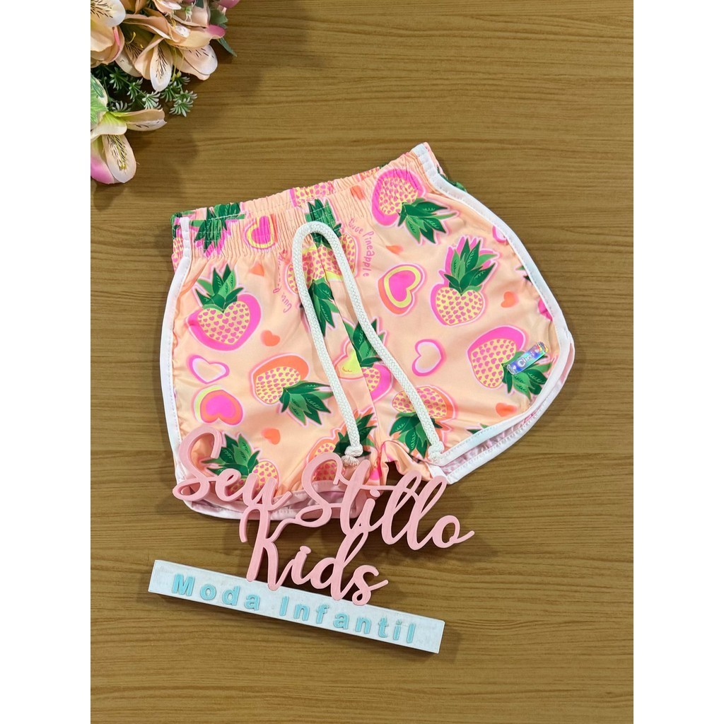 Shorts Infantil Cinti Verão Nylon Laranja Abacaxi
