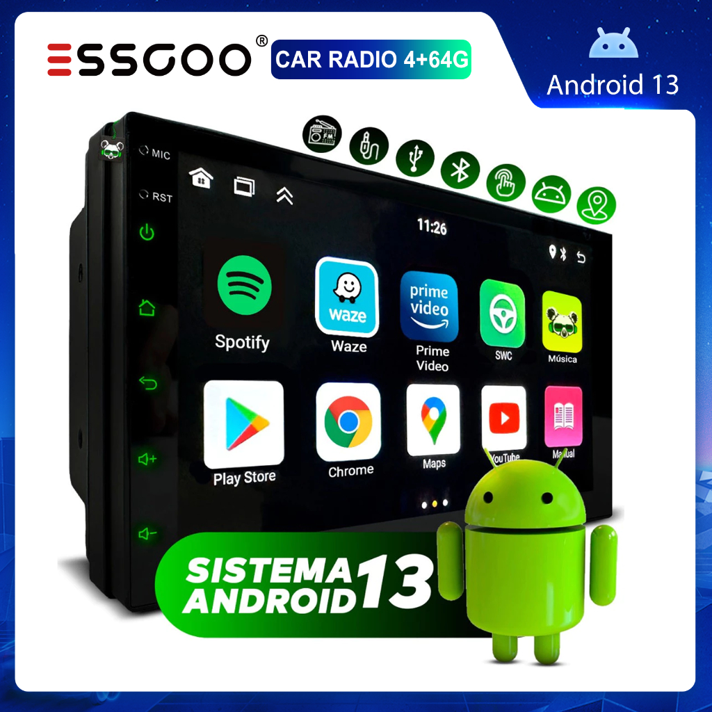 Envio de São PauloESSGOO Central Multimidia Android 14 2GB 4GB 7 Pol 2 Din Espelhamento USB Bluetoot