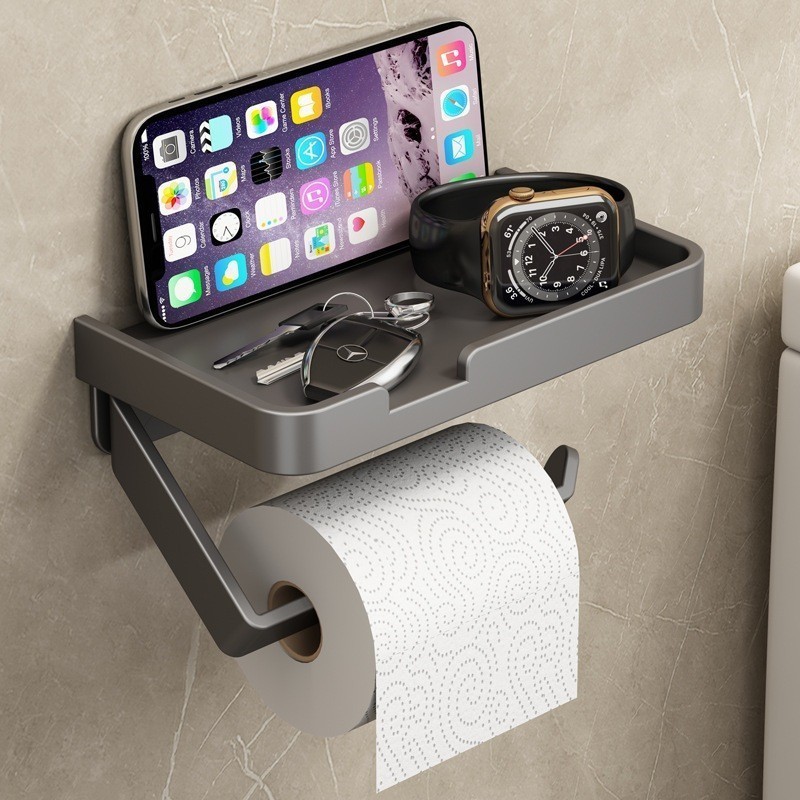 Metal Suporte  Porta Papel Higienico Preto e Suporte para Celular  Com Adesivo  Fixo na Parede Sem F