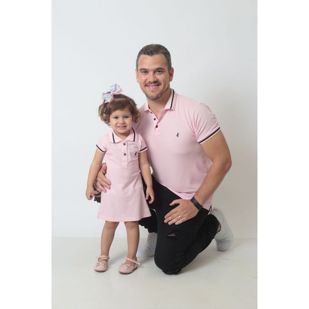 Kit pai e filha camisa e vestido polo rosa amor