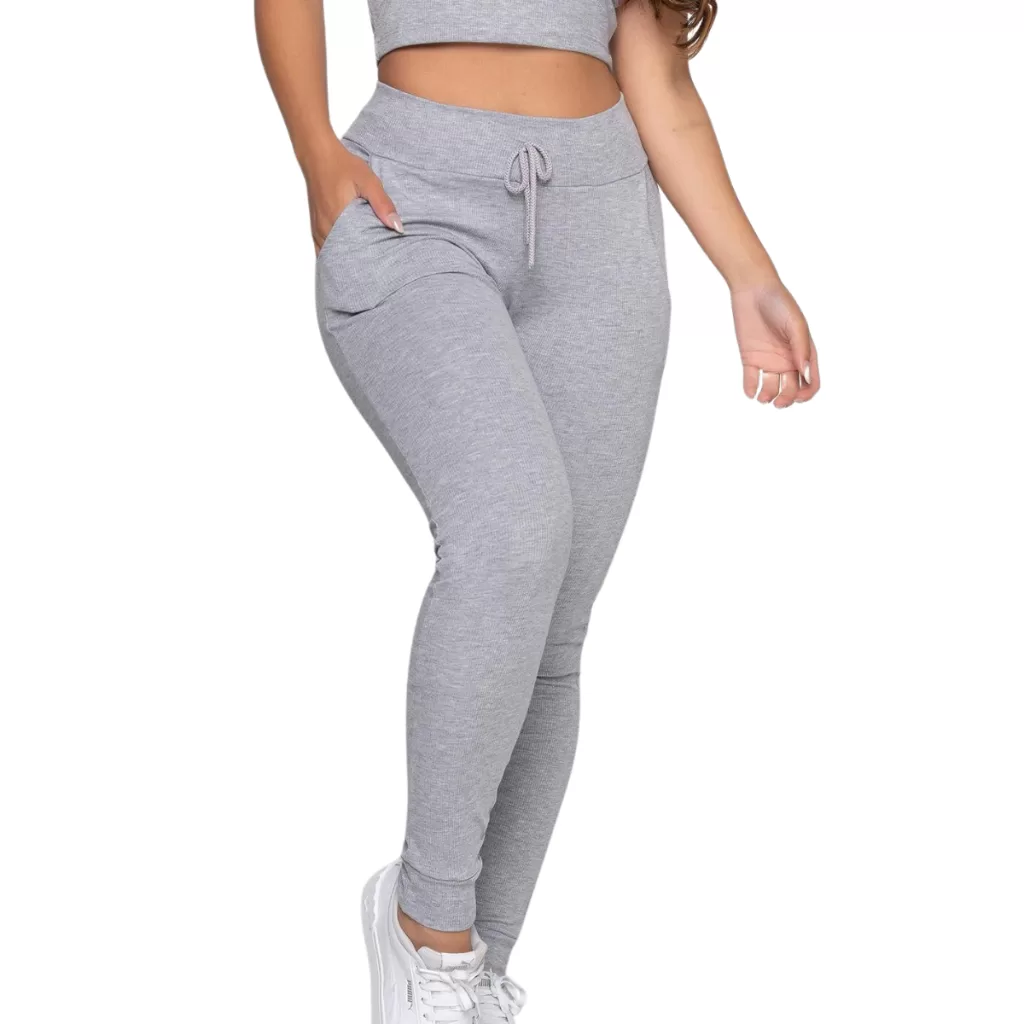 Calça Feminina Cintura Alta Jogger Canelada tipo Moletom Leg Ribana para Grávidas