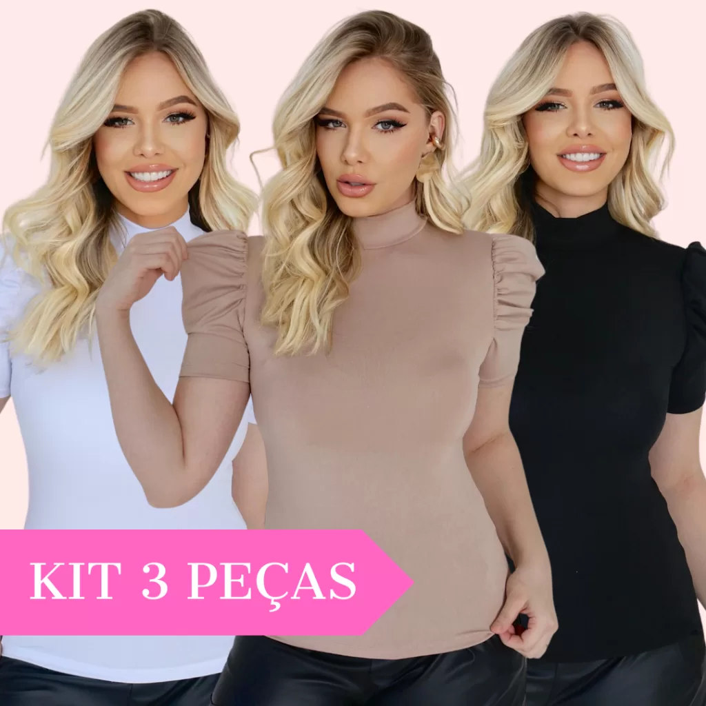 Kit 3 Peças Blusa Feminina Manga Princesa Gola Alta Basica Malha Suplex Confortável Estilosa