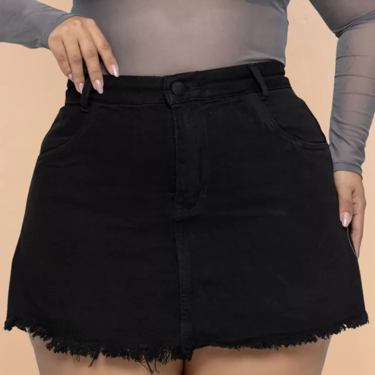Short Saia Jeans Preto Plus Size Feminino Cintura 