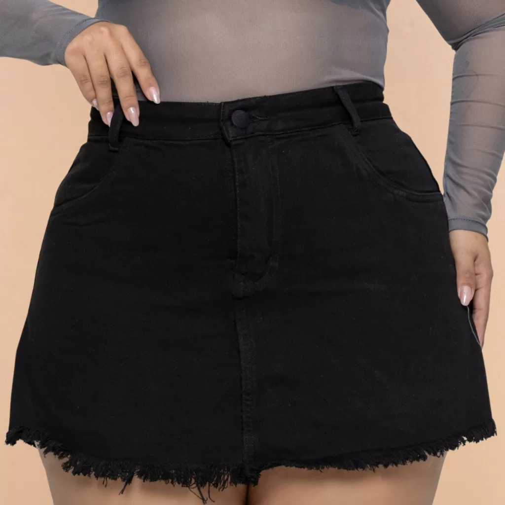 Short Saia Jeans Preto Plus Size Feminino Cintura Alta