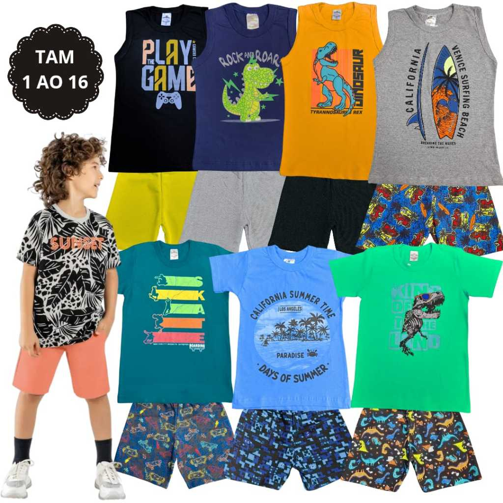 Kit 8 Peças Conjunto Infantil Masculino Verão 4 Camiseta Manga Curta Regata e 4 Bermuda 1 ao 16