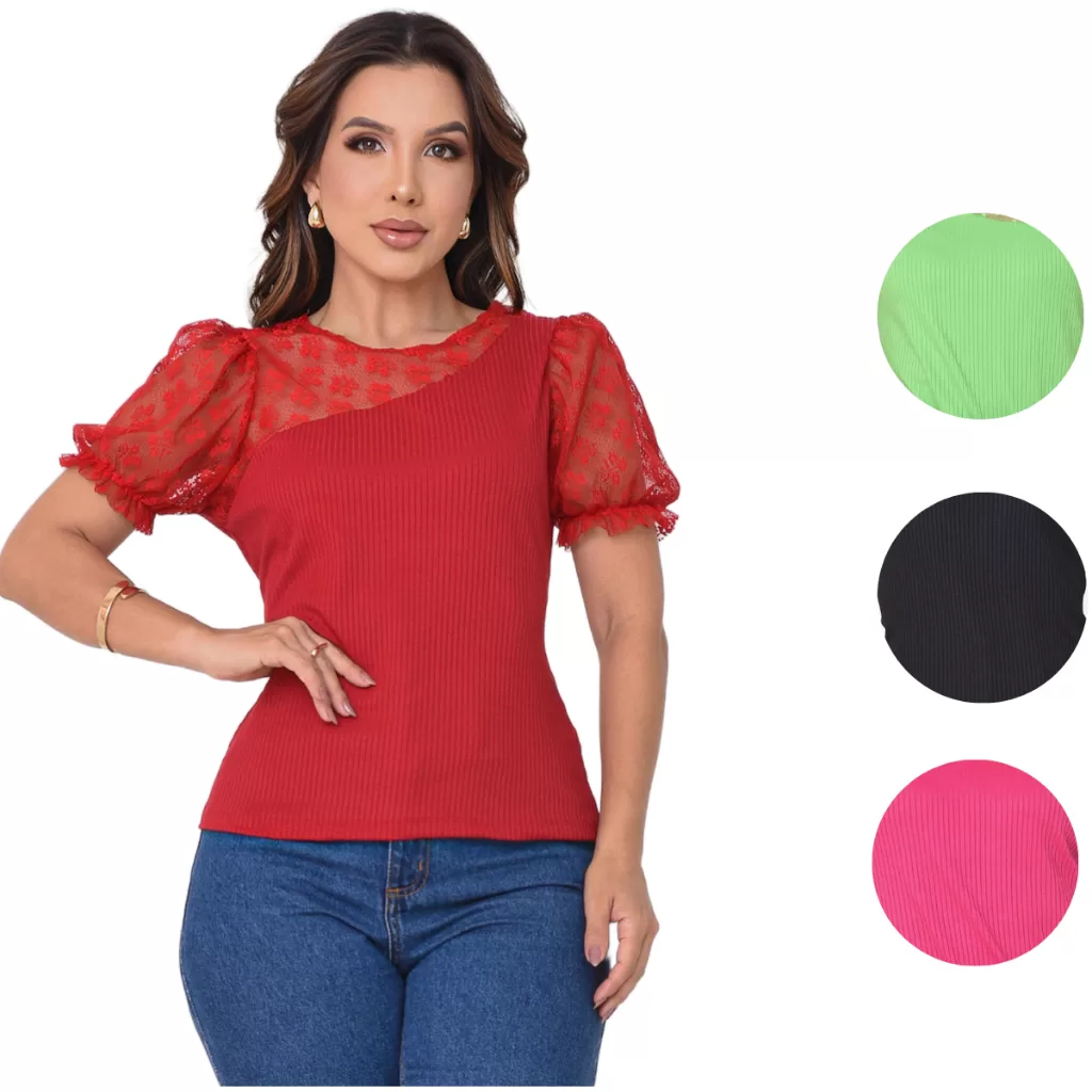 Blusa Feminina Casual Canelada Estilosa Manga Bufante De Tule