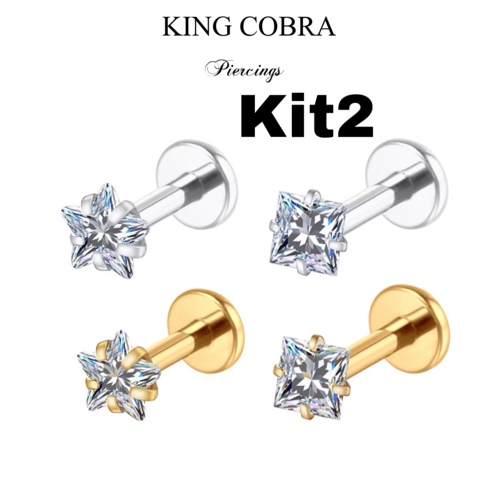 Kit 2PCS Piercing Minibarbell Aço Cirúrgico PVD Zircônia / Helix, Flat, Conch, Tragus, Lóbulo e Outr