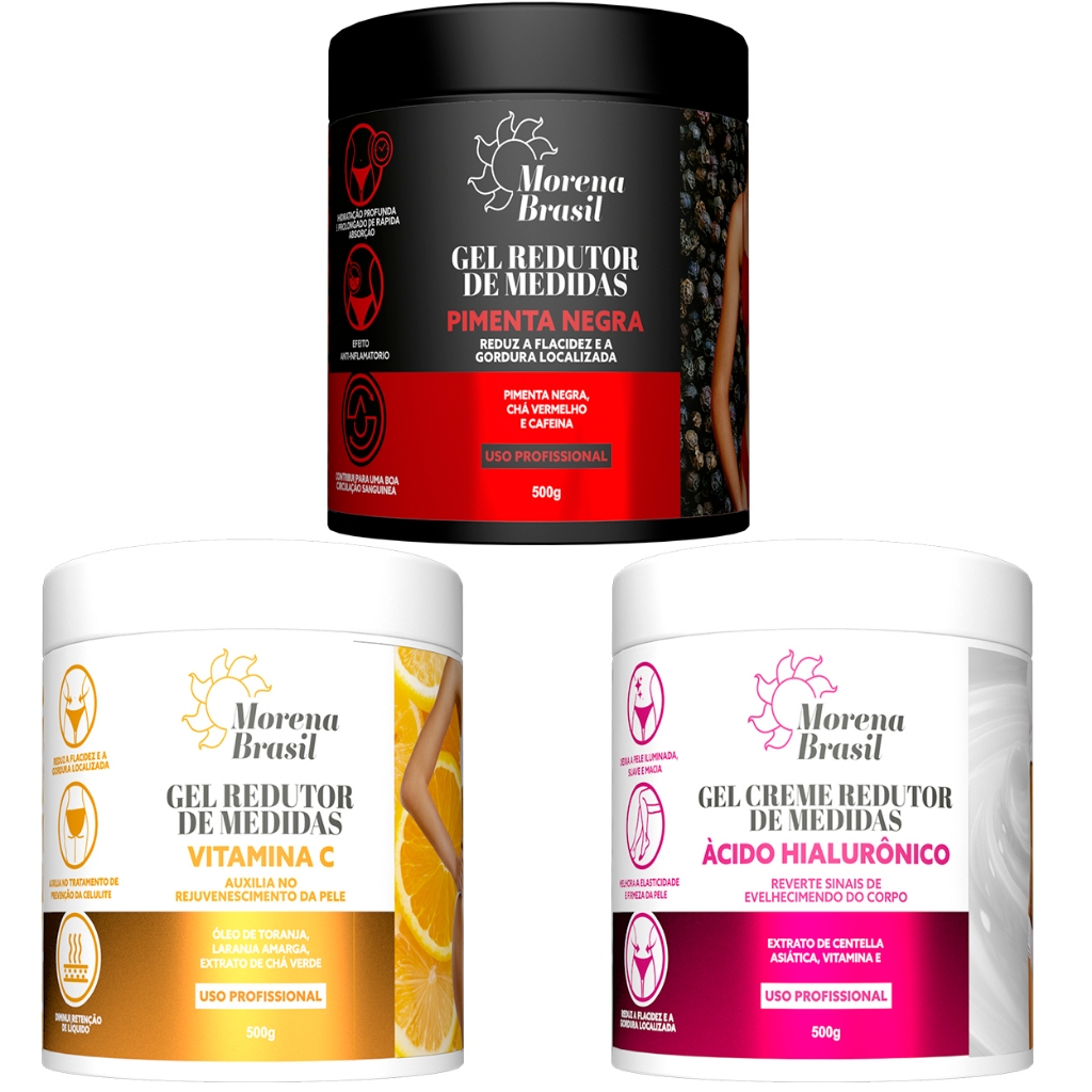 Kit 3X Gel Redutor de Medidas – Pimenta Negra, Laranja Amarga e Ácido Hialurônico